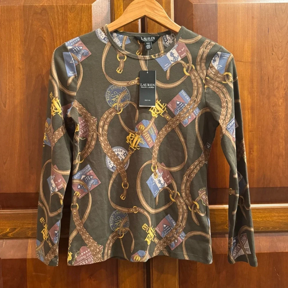 NWT LAUREN RALPH LAUREN Belting-Print Long-Sleeve Cotton Tee Size PM - Picture 12 of 13